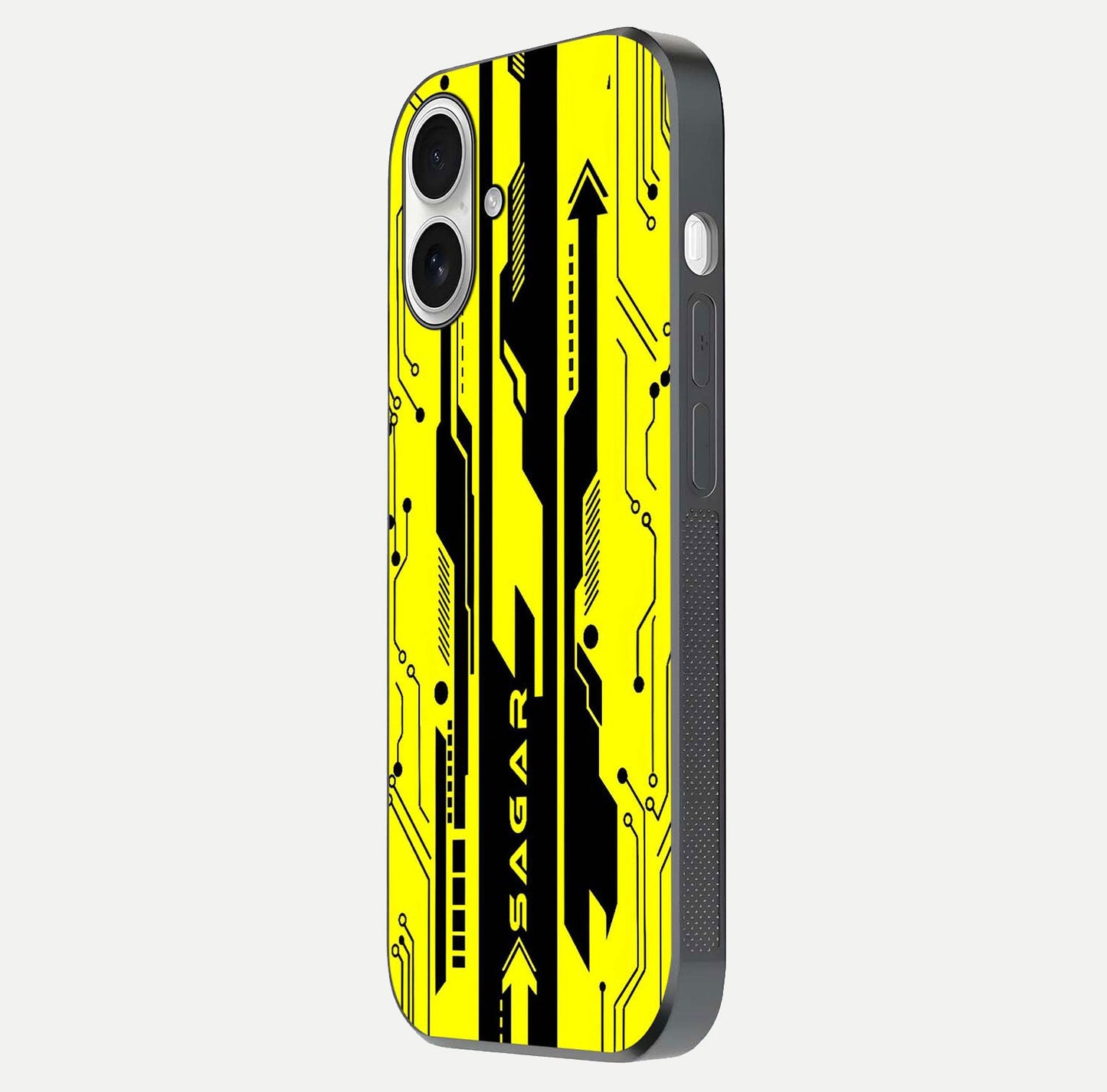 Electric Pulse CYBERPUNK Custom Name Glass Case for iPhone 17 side-angle image showing glossy reflection and edge illumination