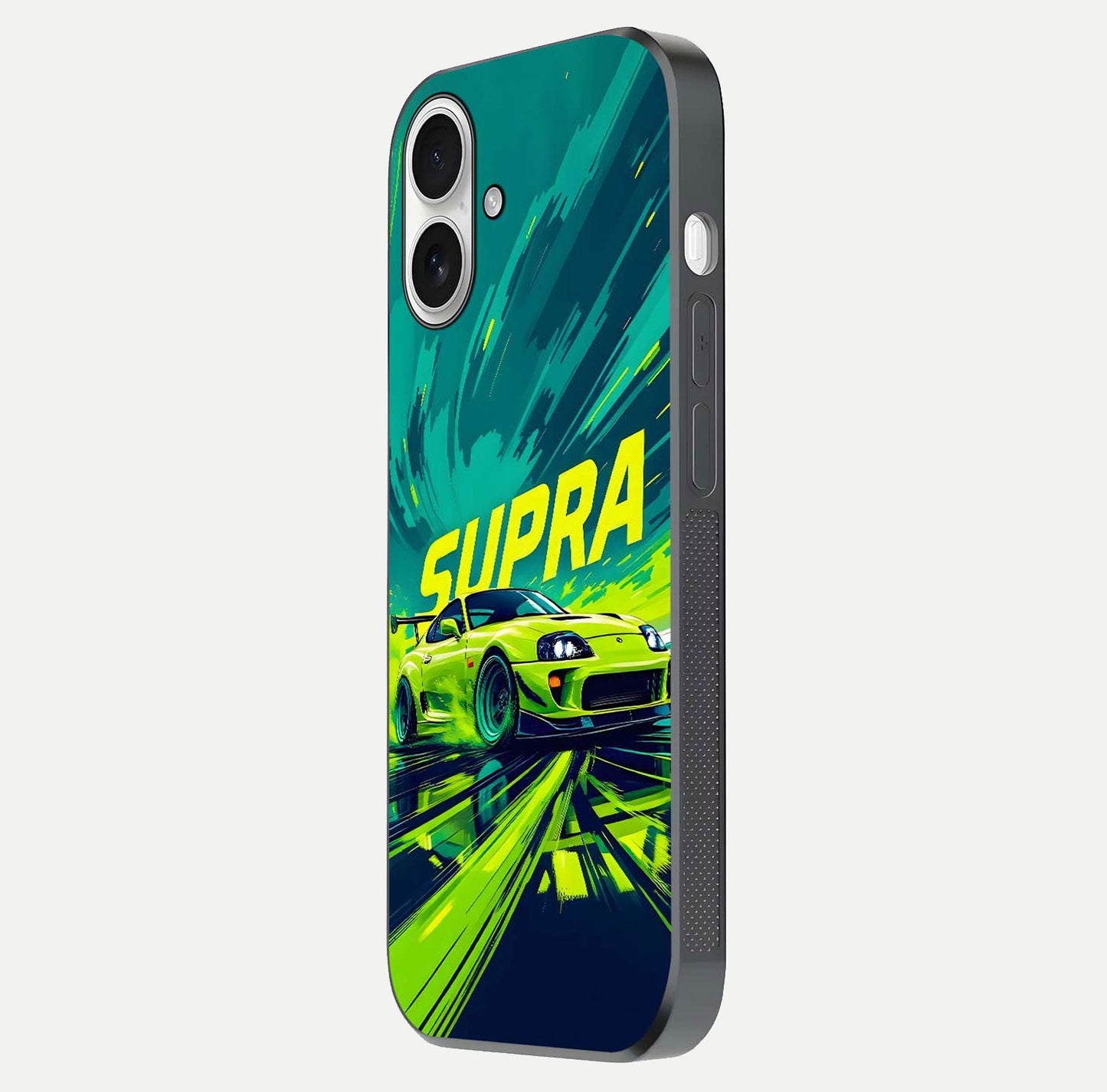 Electric Supra Thunder Glass Case for iPhone 17 side-angle photo showing sleek car outline and reflective shine