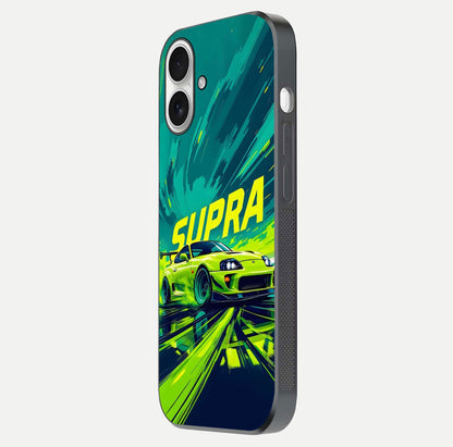 Electric Supra Thunder Glass Case for iPhone 17 side-angle photo showing sleek car outline and reflective shine