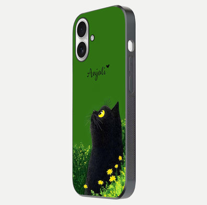 Emerald Cat Custom Name Glass Case for iPhone 17 side-angle photo showing name clarity and glass reflection