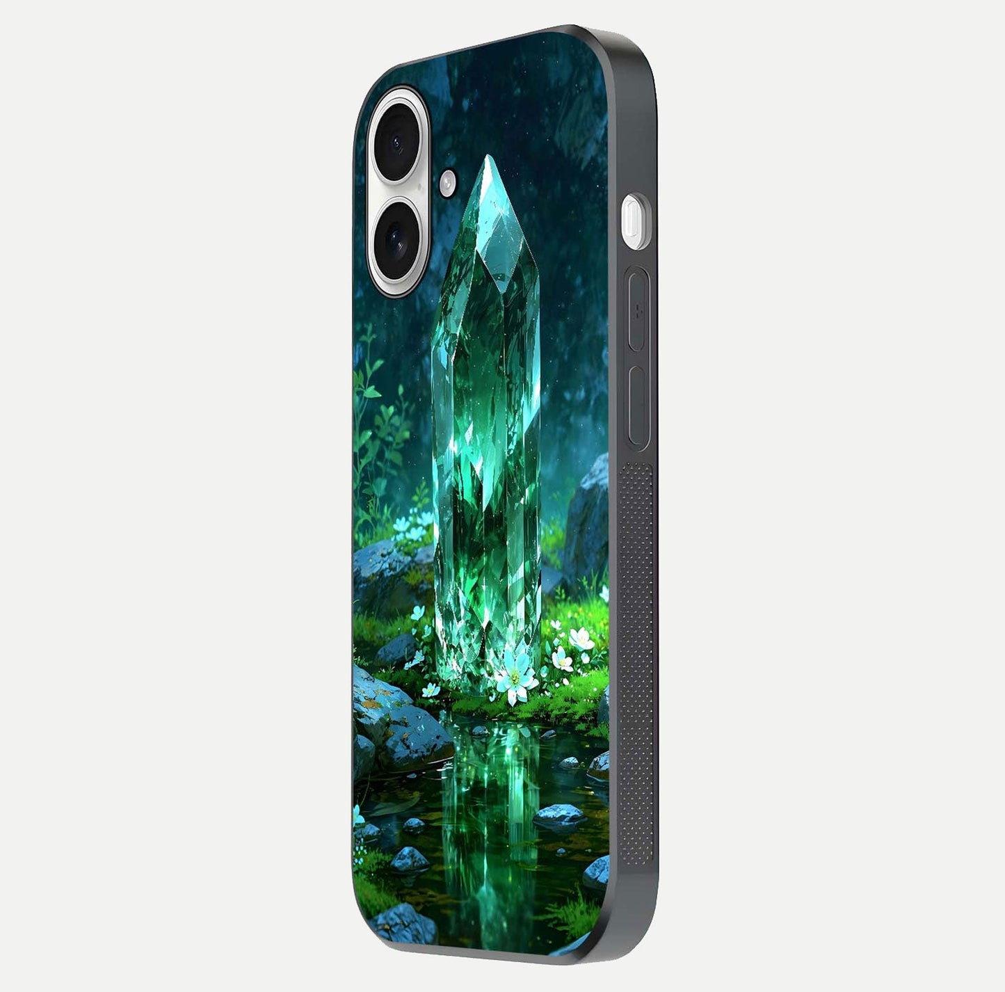 Emerald Light Crystal Glass Case for iPhone 17 side-angle image showing gloss reflection and curved border