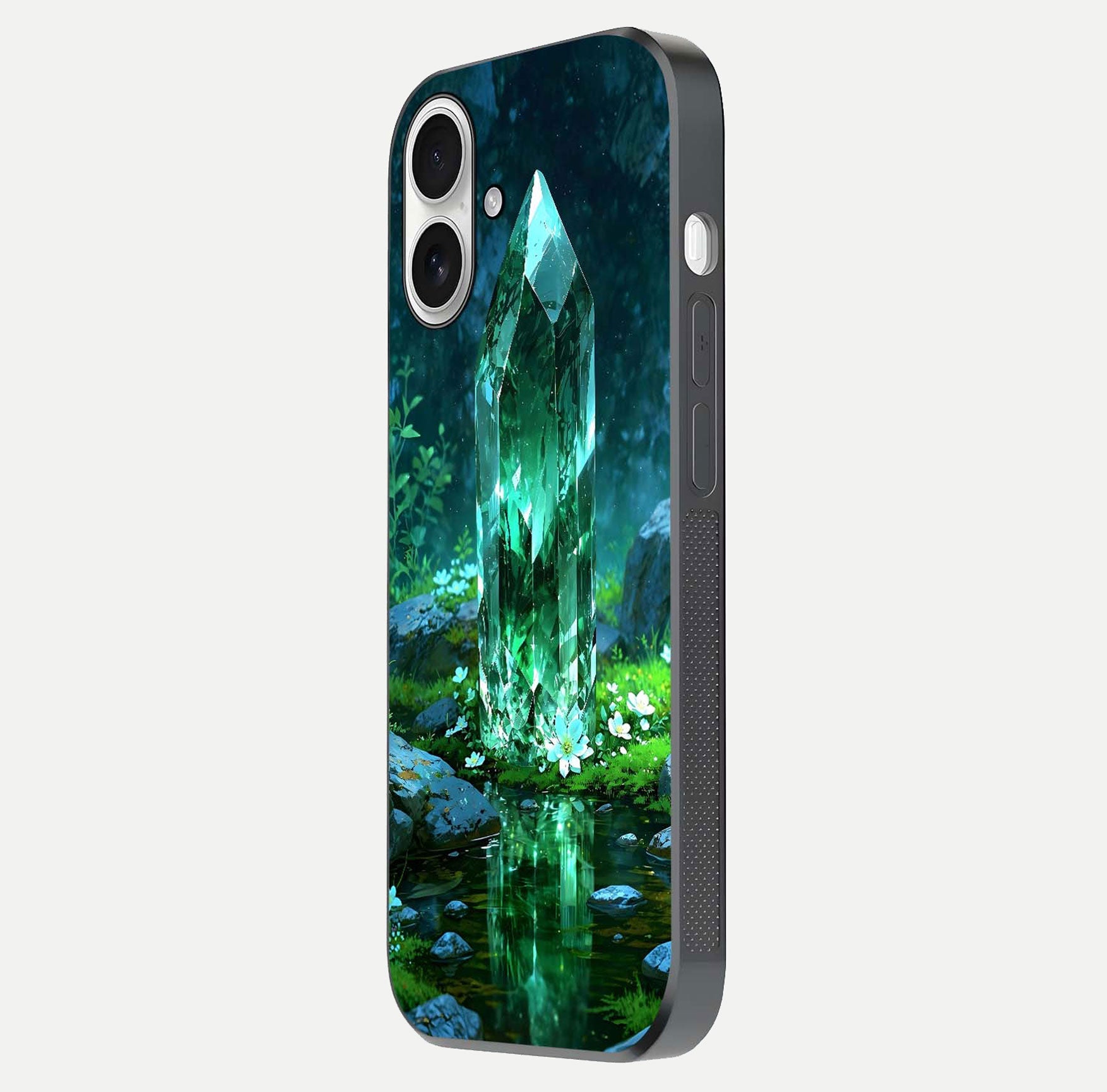 Emerald Light Crystal Glass Case for iPhone 17 side-angle image showing gloss reflection and curved border
