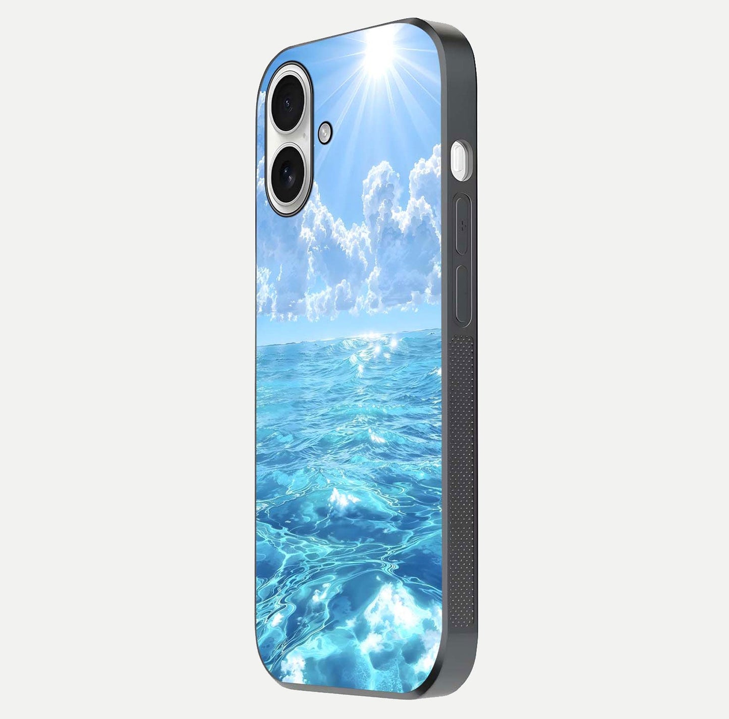 Endless Ocean Horizon Glass Case for iPhone 17 side-angle photo showing reflection glow and wave tone