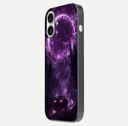 Eternal Cosmic Drive Glass Case for iPhone 17 side-angle image showing reflection texture and color contrast