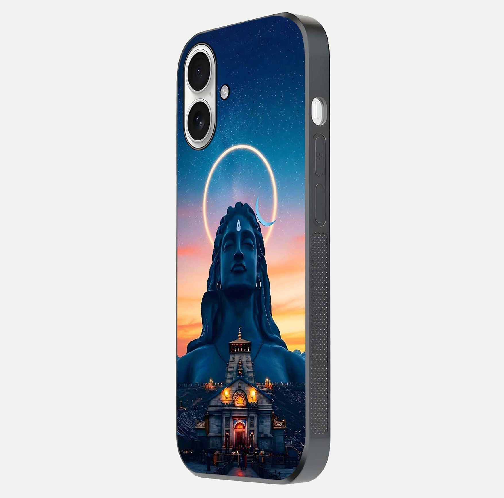 Eternal Shiva Aura Glass Case for iPhone 17 side-angle image showing reflection clarity and rich tone