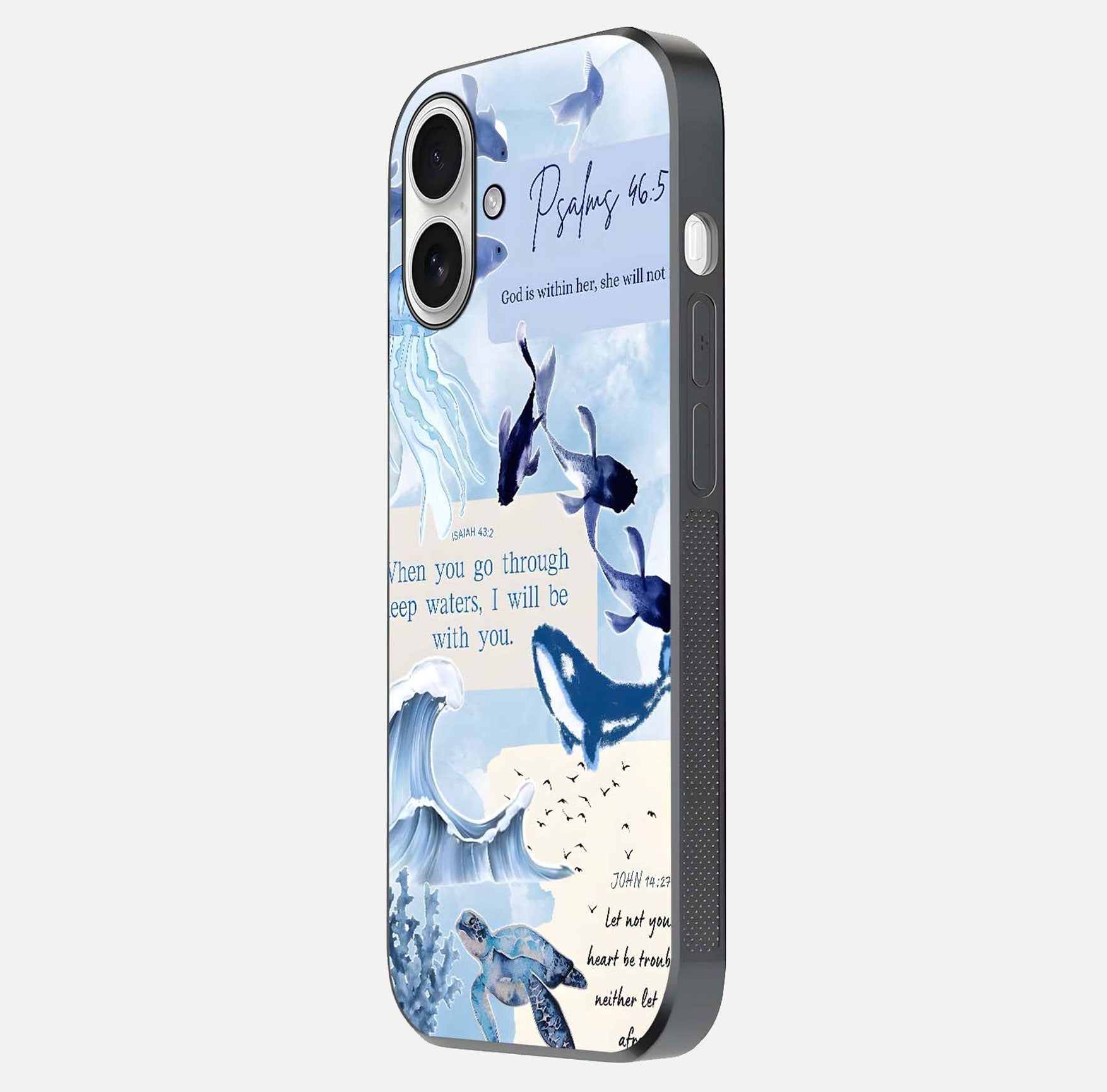 Faithful Ocean Promise Glass Case for iPhone 17 side-angle photo showing reflection glow and color clarity