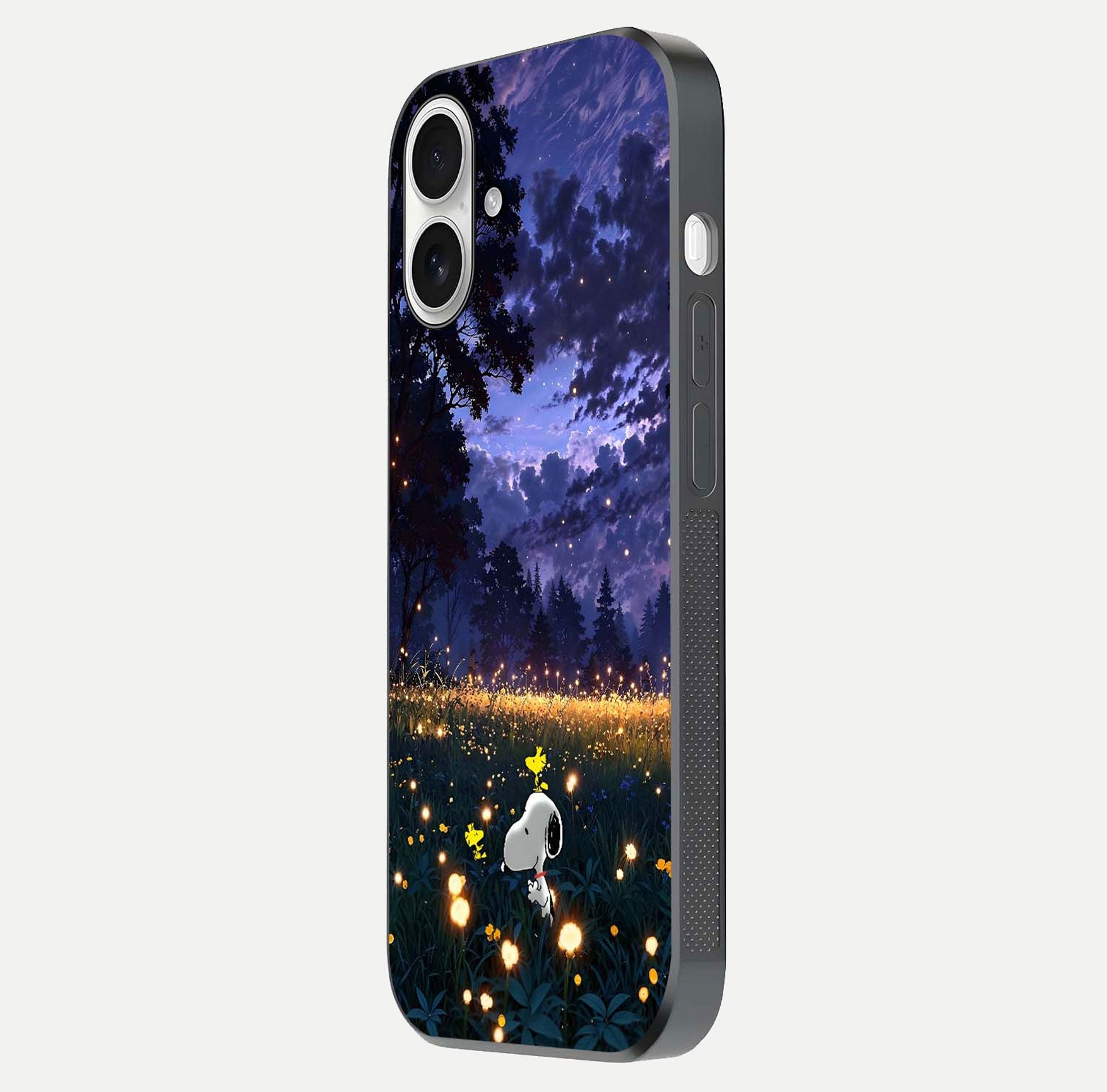 Firefly Meadow Magic Glass Case for iPhone 17 side-angle image capturing glow reflection and fine texture