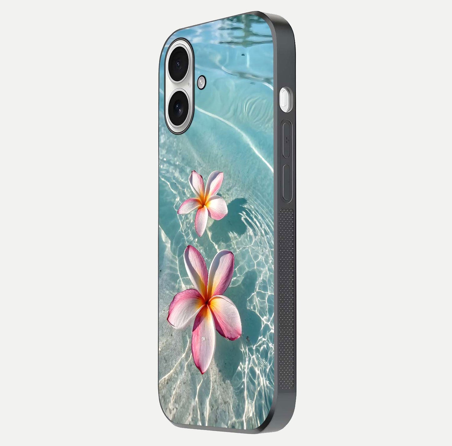 Floating Bloom Bliss Glass Case for iPhone 17 side-angle photo showing smooth reflection and elegant curve