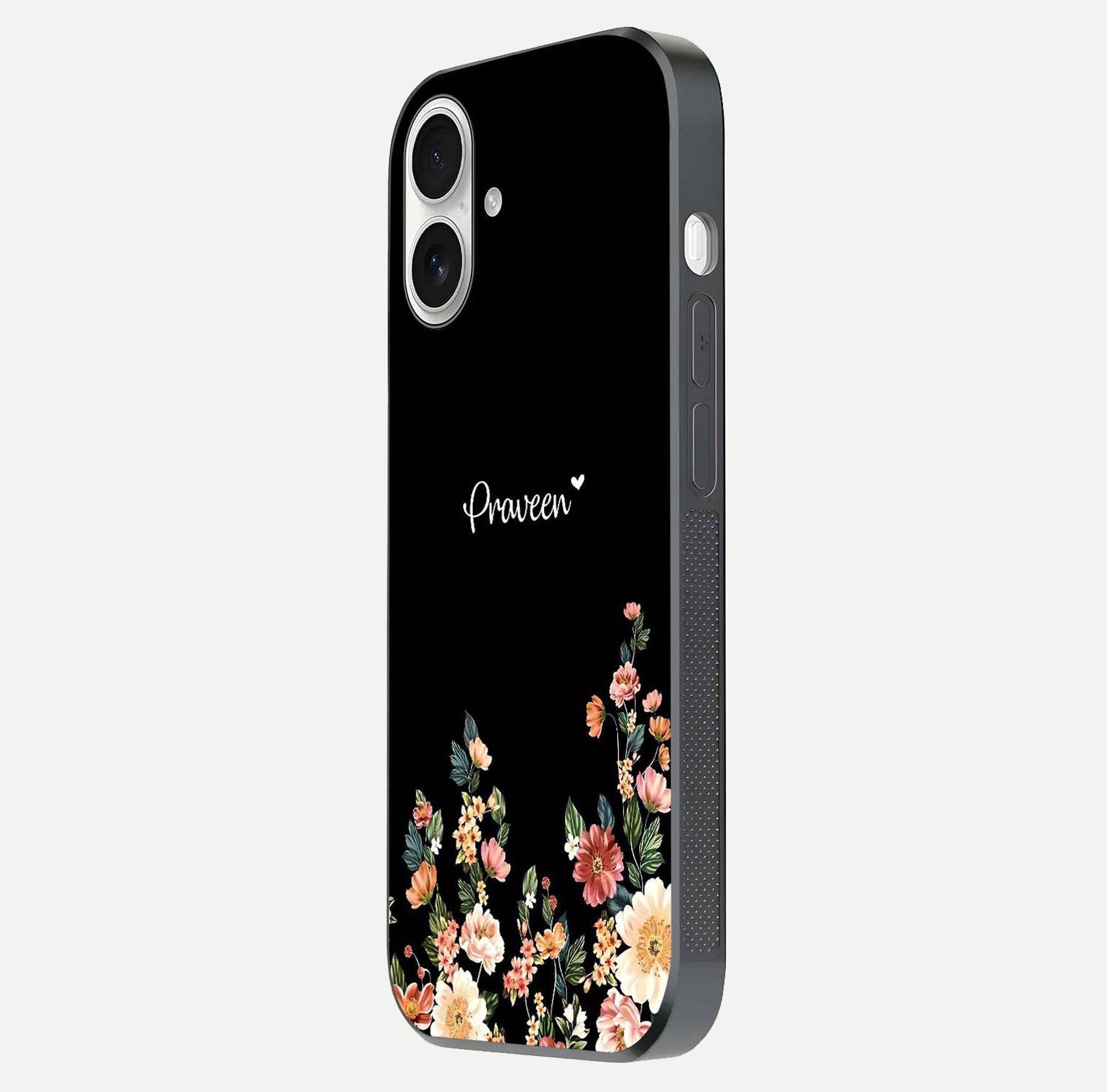 Floral Design Personalized Custom Name Glass Case for iPhone 17 side-angle image showing name alignment and gloss shine