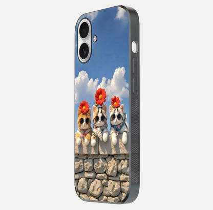 Floral Kitty Squad Glass Case for iPhone 17 side-angle photo showing reflection glow and polished surface