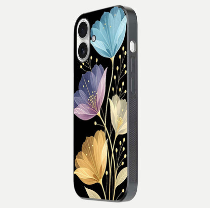 Flower Bloom Glow Glass Case for iPhone 17 side-angle image capturing gloss reflection and flower glow