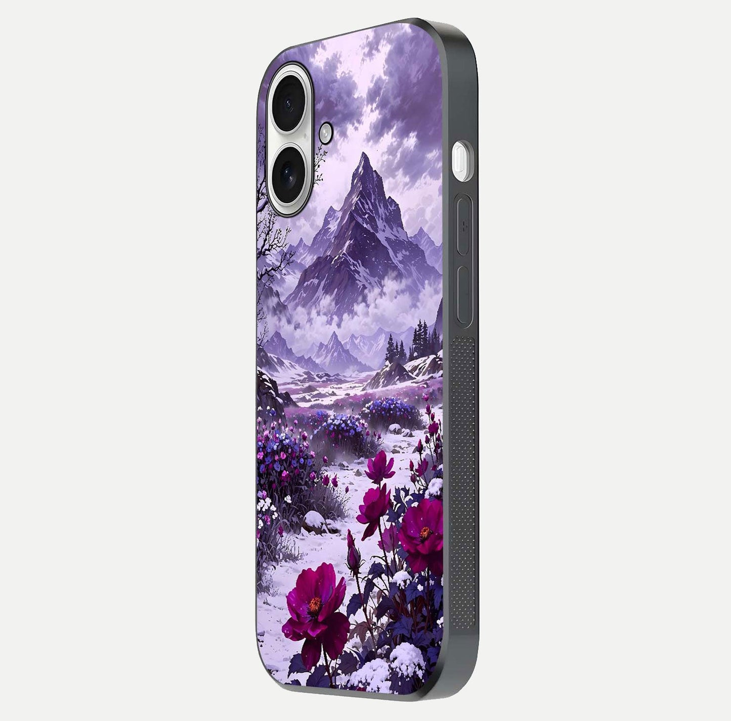 Flower Mountain View Glass Case for iPhone 17 side-angle image showing gloss polish and smooth edge