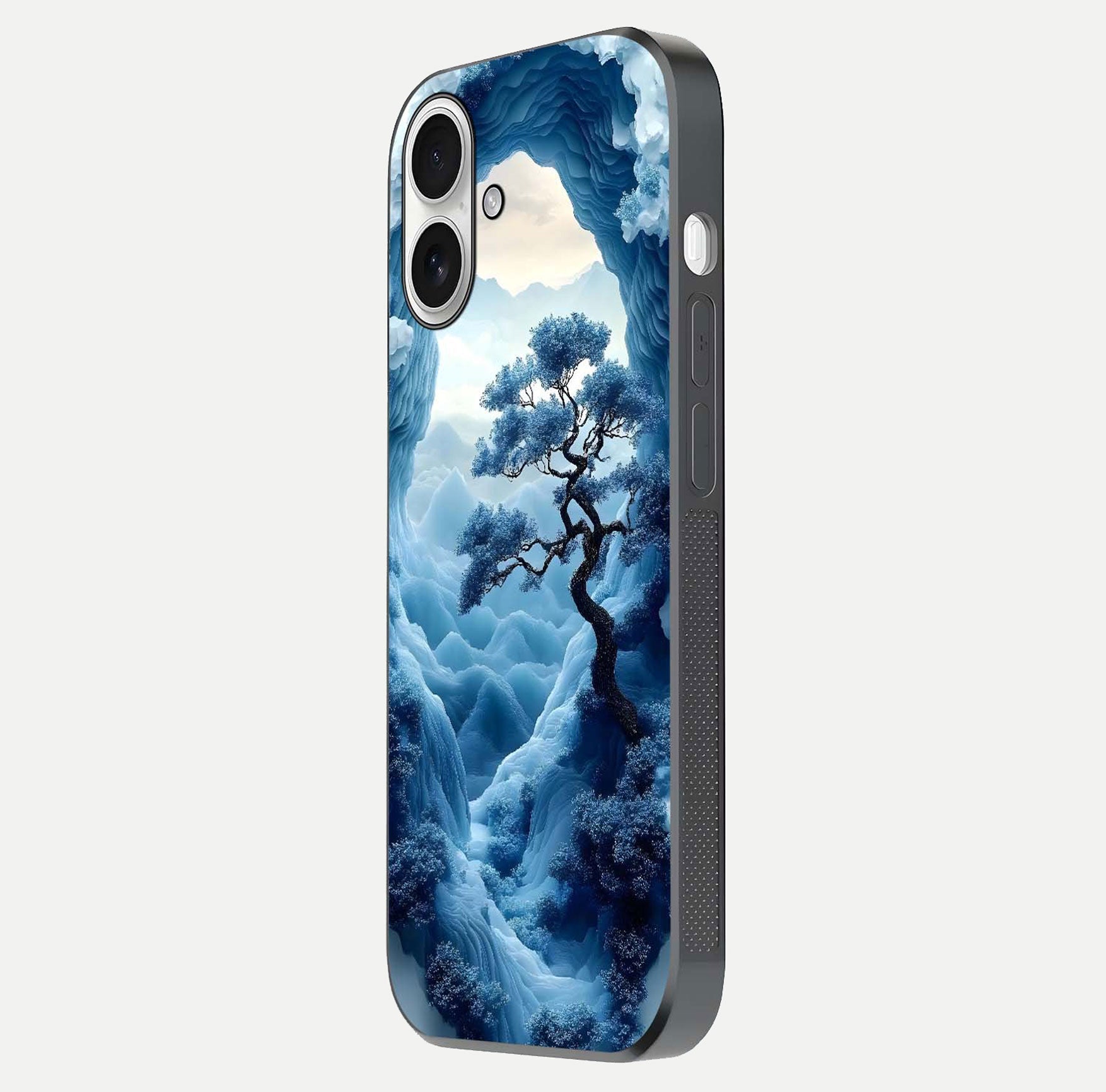 Frozen Serenity Gate Glass Case for iPhone 17 side-angle photo showing reflective surface and cold tones