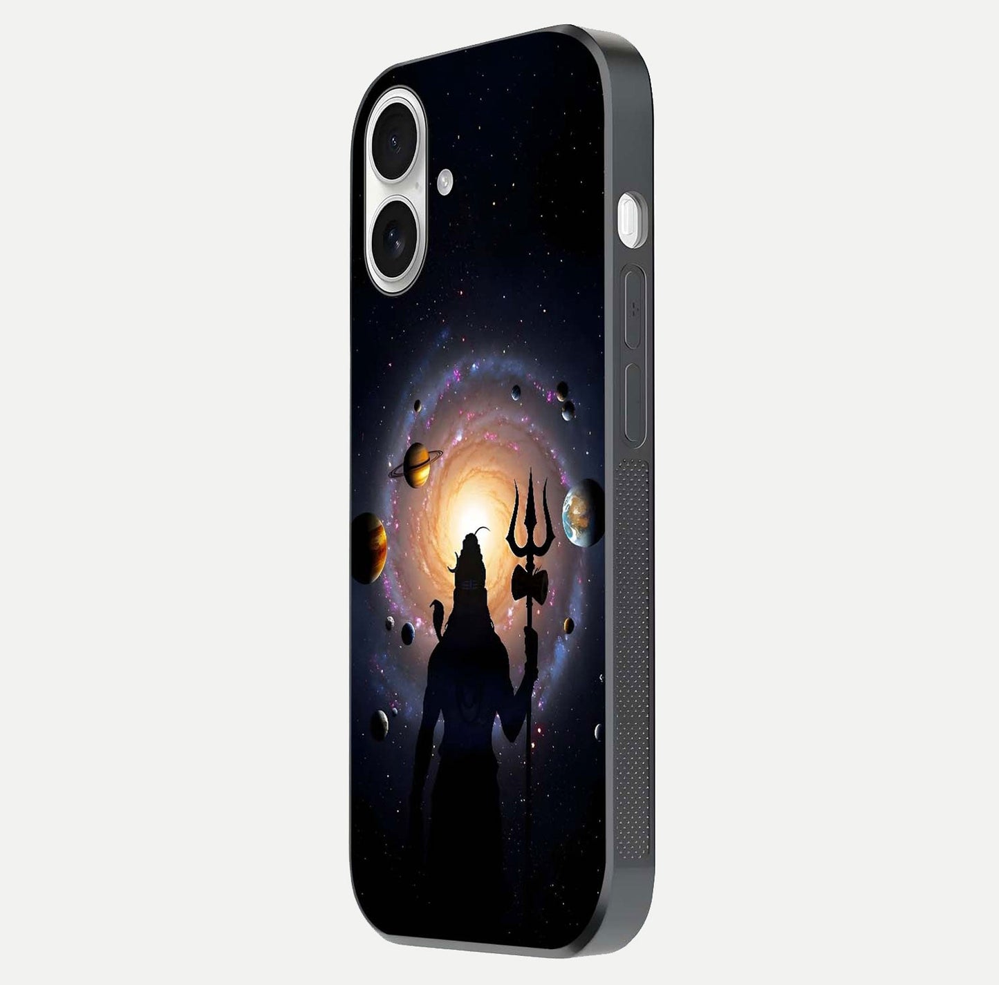 Galactic Shiva Vision Glass Case for iPhone 17 side-angle image showing light reflection, glass edges, and spiritual cosmic theme