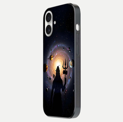Galactic Shiva Vision Glass Case for iPhone 17 side-angle image showing light reflection, glass edges, and spiritual cosmic theme
