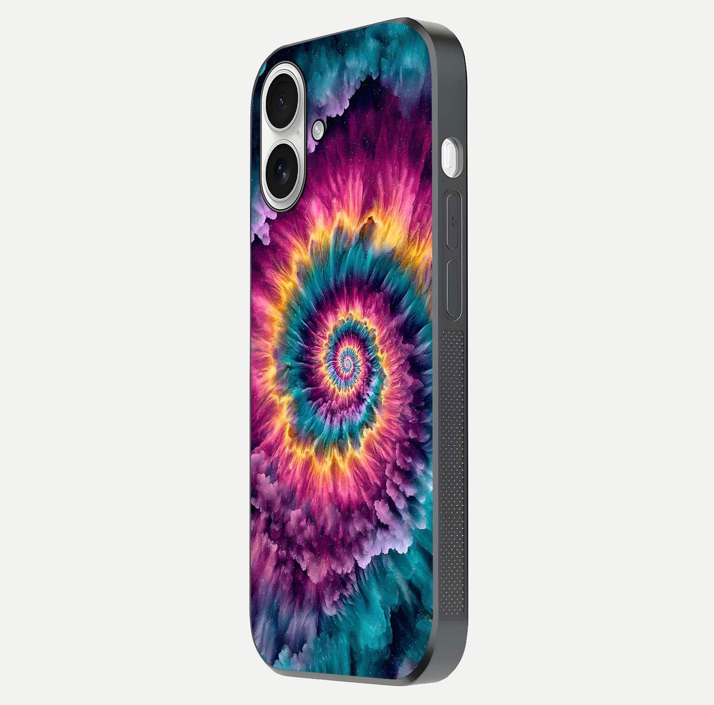 Galactic Spiral Burst Glass Case for iPhone 17 side-angle image showing reflection clarity and vivid galactic texture