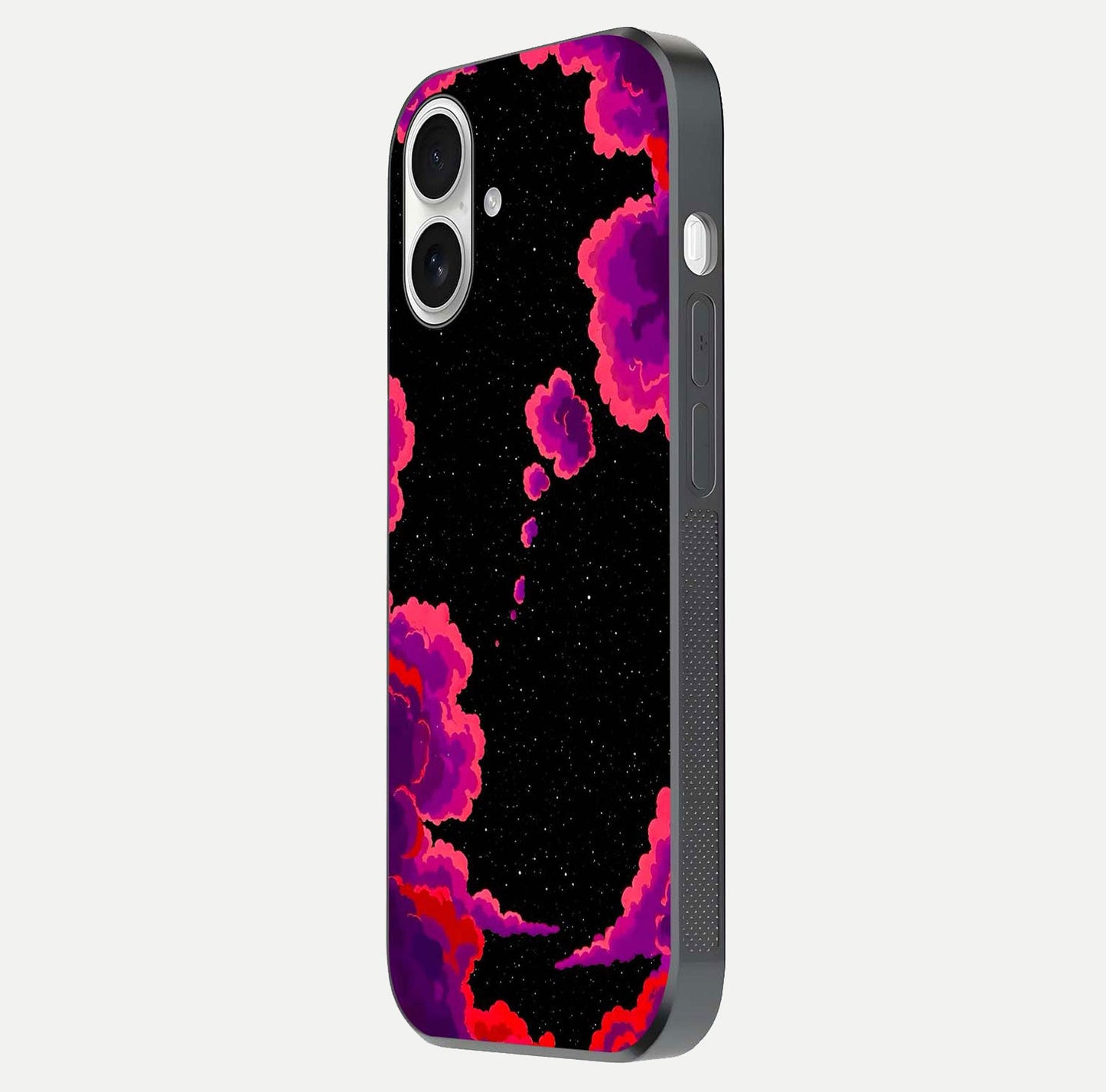 Galaxy Dream Frame Glass Case for iPhone 17 side-angle image showing reflection light and premium finish