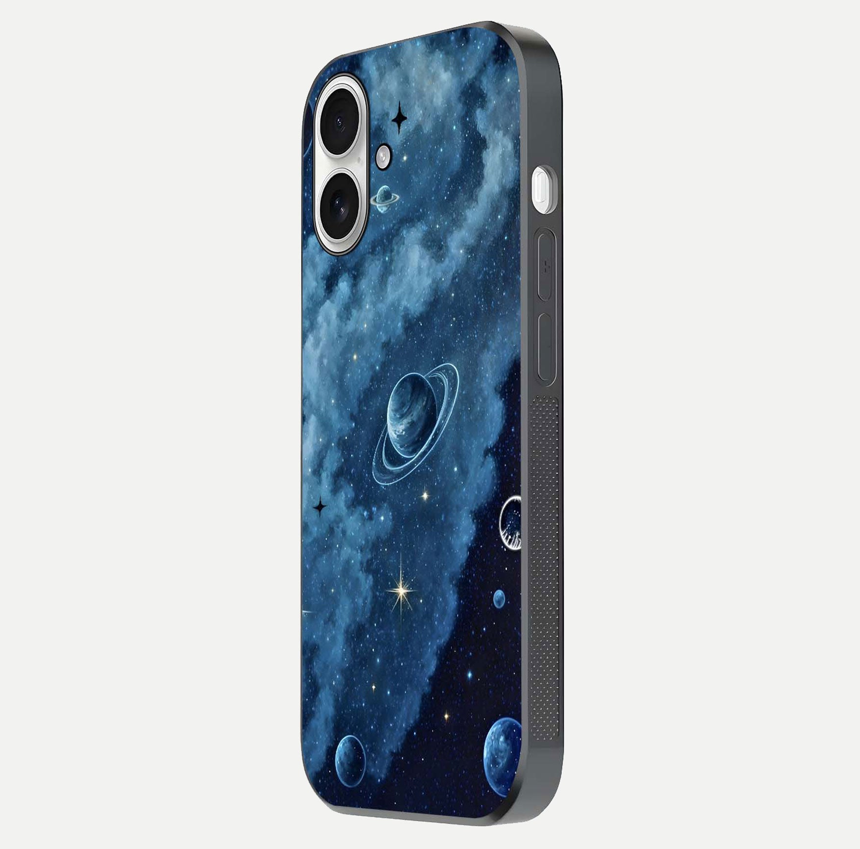 Galaxy Dream Space Glass Case for iPhone 17 side-angle image capturing reflection clarity and galactic texture