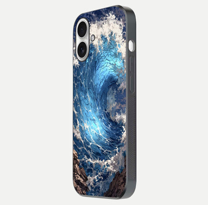 Giant Ocean Wave Glass Case for iPhone 17 side-angle image showing light reflection and ocean detail