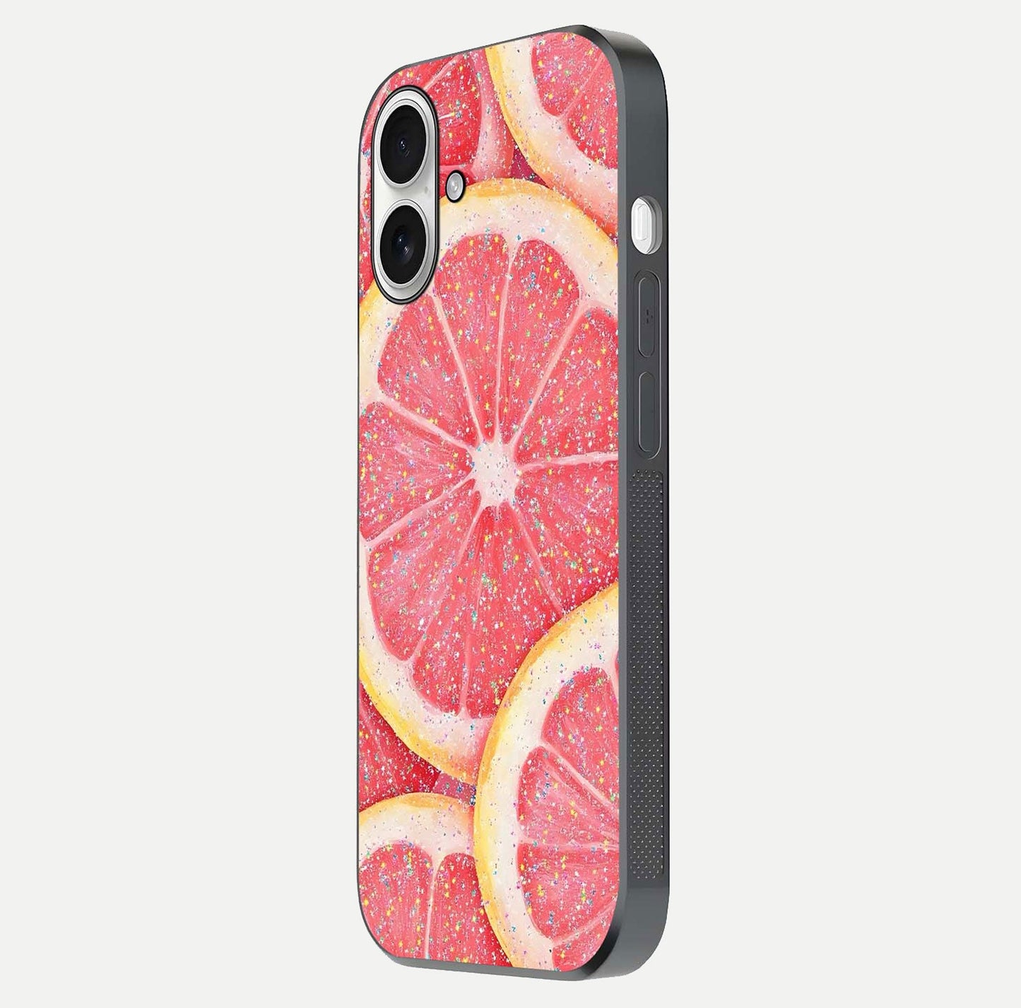 Glitter Grapefruit Glass Case for iPhone 17 side-angle image showing reflection glow and polished edges