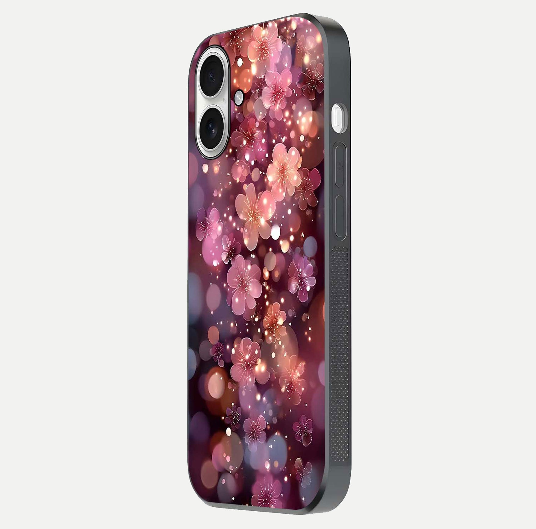 Glowing Petal Bliss Glass Case for iPhone 17 side-angle image showing light reflection and soft floral texture