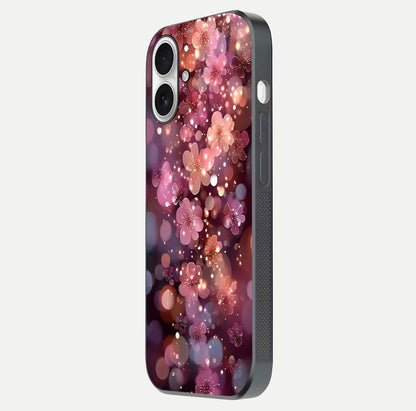 Glowing Petal Bliss Glass Case for iPhone 17 side-angle image showing light reflection and soft floral texture