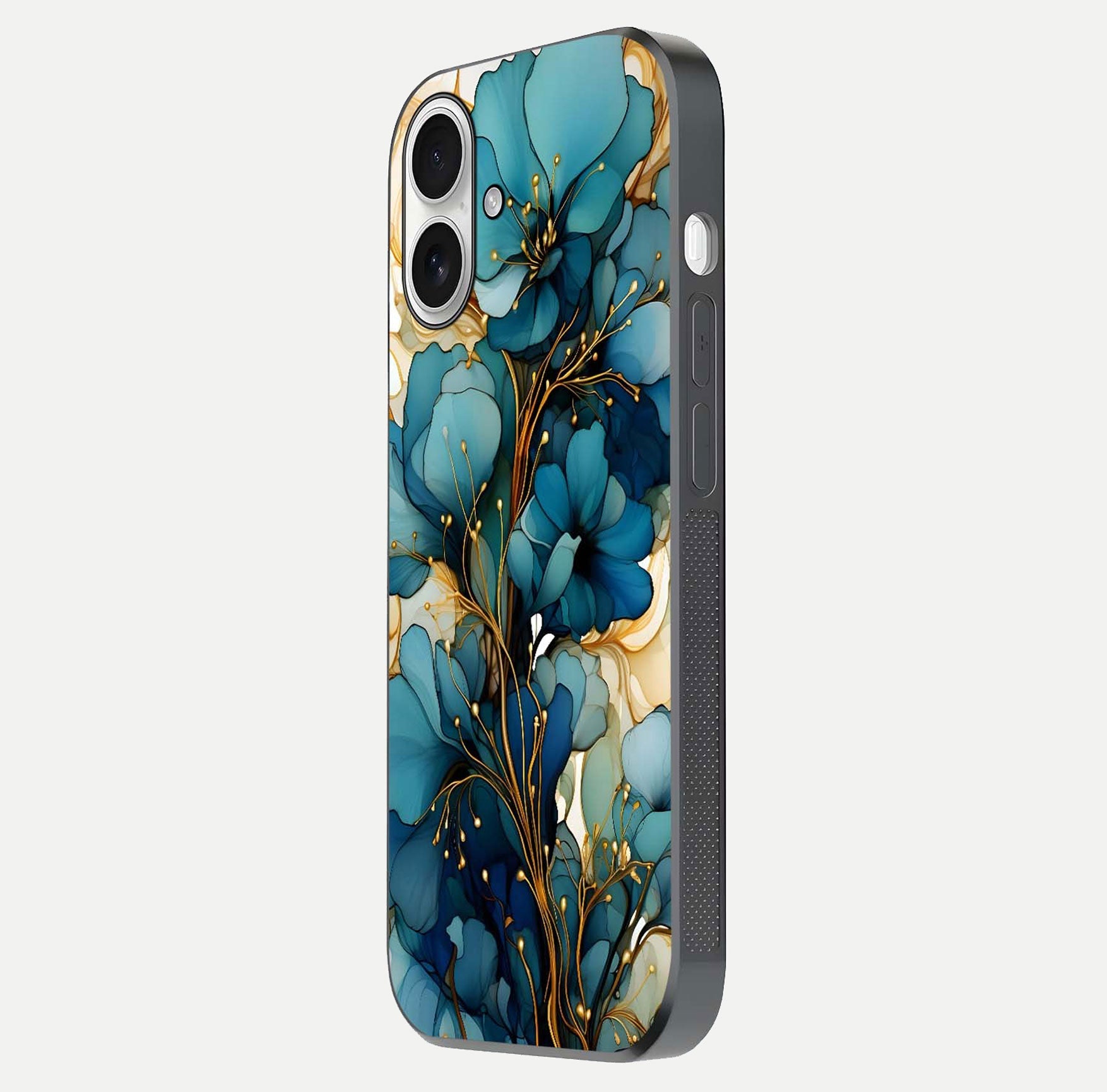Golden Bloom Symphony Glass Case for iPhone 17 side-angle image showing golden glow, light reflection, and premium surface