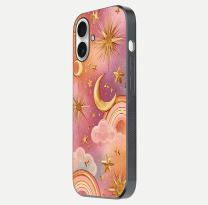 Golden Celestial Dreams Glass Case for iPhone 17 side-angle image capturing reflection brightness and starry detail