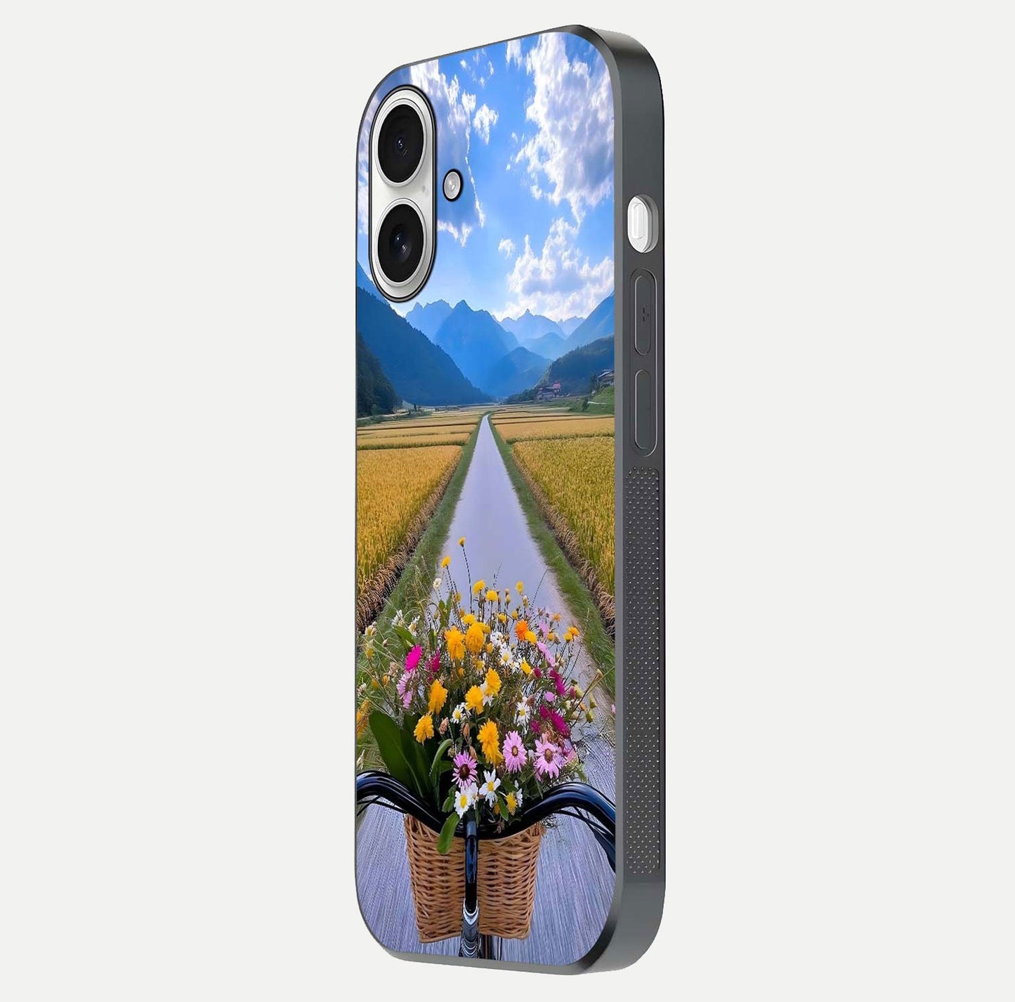Golden Field Journey Glass Case for iPhone 17 side-angle image showing golden glow, reflection shine, and curved edge