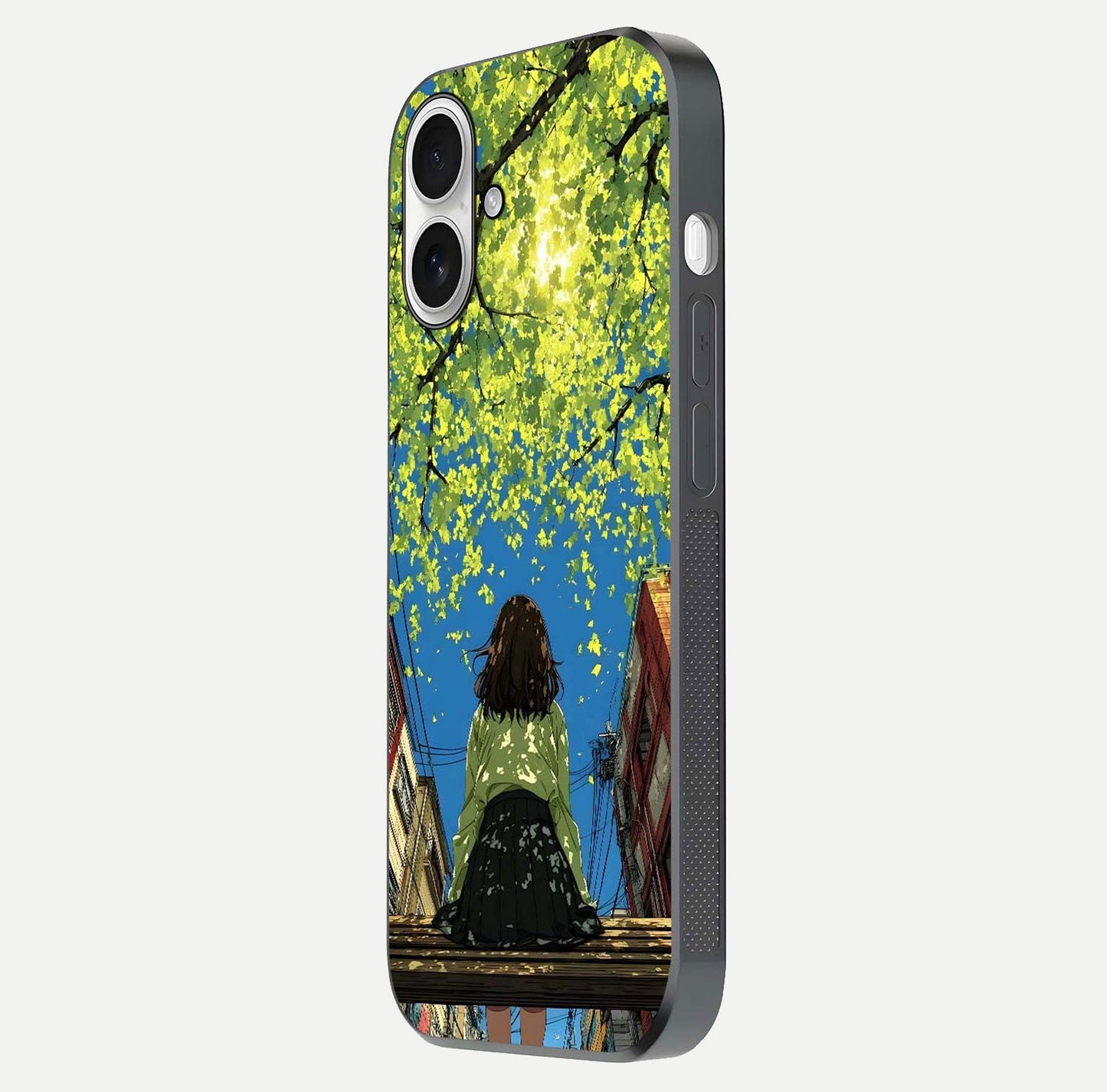 Golden Leaves Glow Glass Case for iPhone 17 side-angle image showing reflection polish and elegant pattern