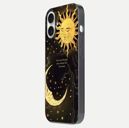 Golden Lunar Love Glass Case for iPhone 17 side-angle image showing reflection brilliance and smooth golden tone