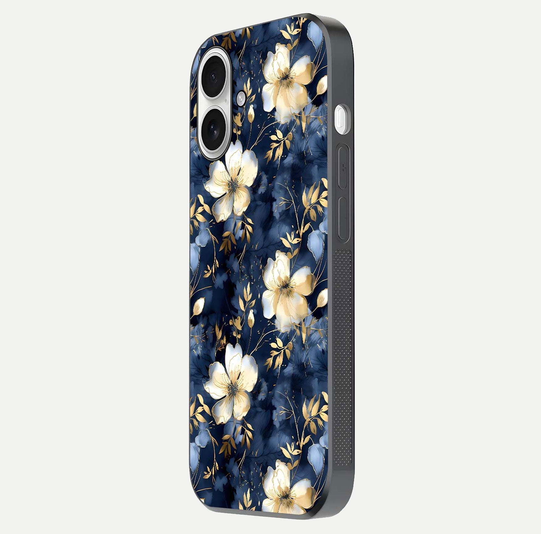 Golden Midnight Bloom Glass Case for iPhone 17 side-angle image showing shine depth and elegant edge design