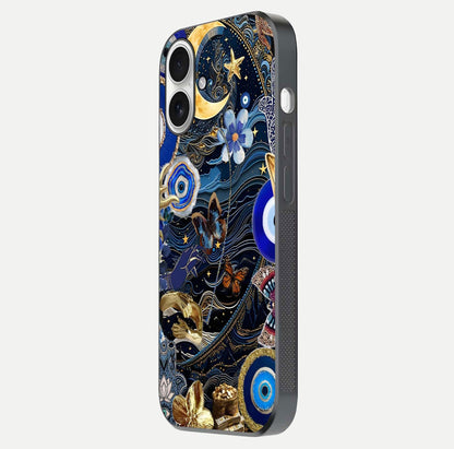 Golden Moon Magic Glass Case for iPhone 17 side-angle image showing reflection glow, curved polish, and moon detail
