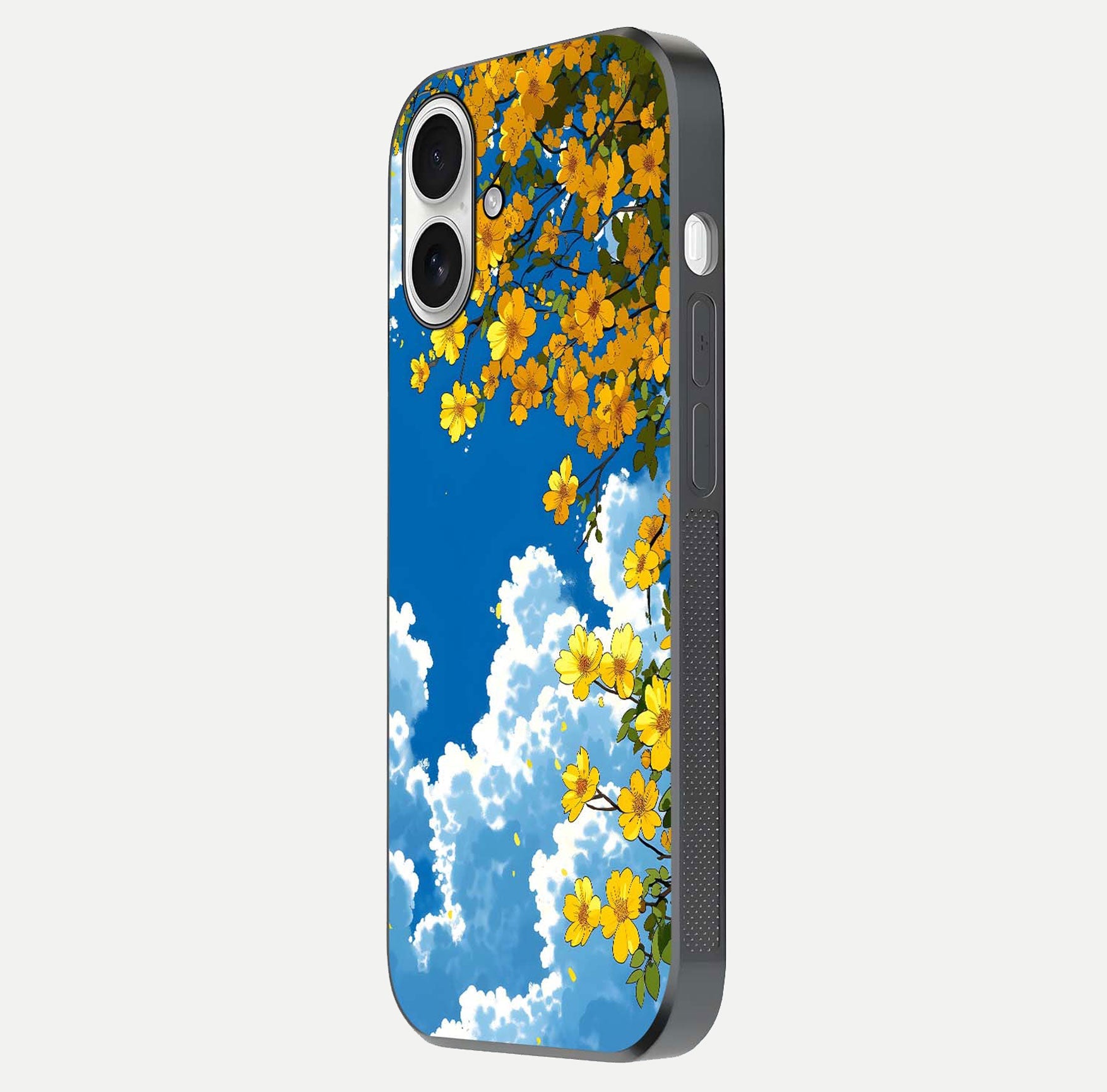 Golden Petal Sky Glass Case for iPhone 17 side-angle image showing reflection depth and metallic floral tones