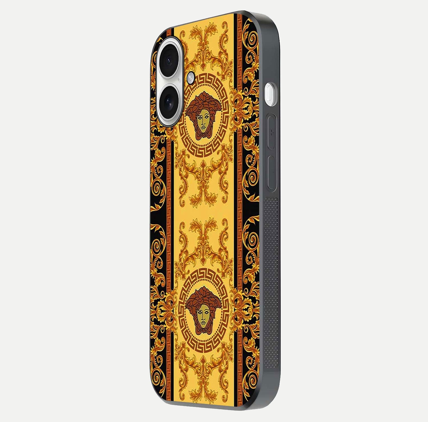 Golden Royal Heritage Glass Case for iPhone 17 side-angle image showing reflection glow and luxury detailing