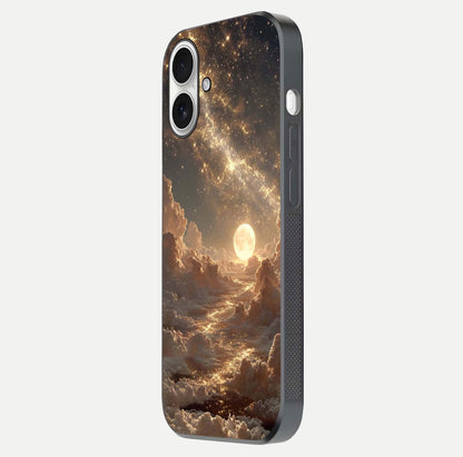 Golden Sky Dream Glass Case for iPhone 17 side-angle image showing reflection shine and smooth surface