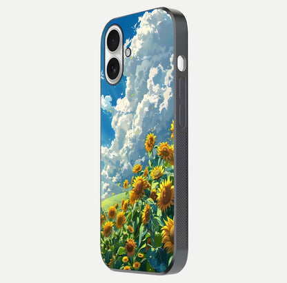 Golden Sun Glory Glass Case for iPhone 17 side-angle image showing reflection glow and luminous texture
