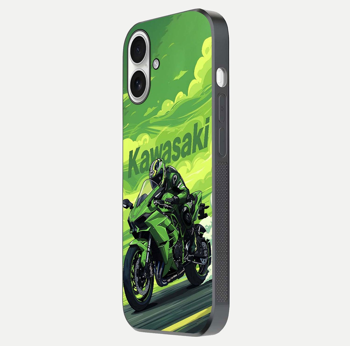 Green Kawasaki Glass Case for iPhone 17 side-angle image showing reflection depth and metallic green accent