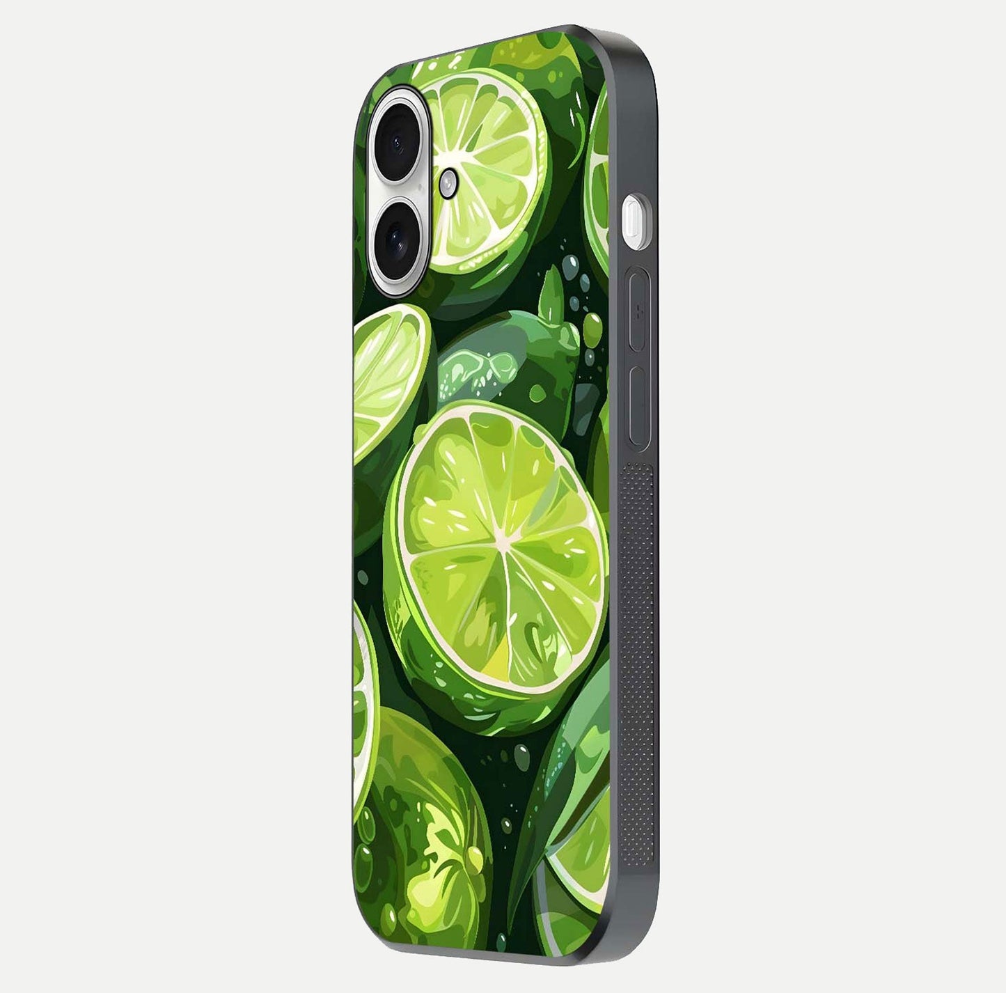 Green Lemon Glass Case for iPhone 17 side-angle image showing reflection glow and juicy color tones