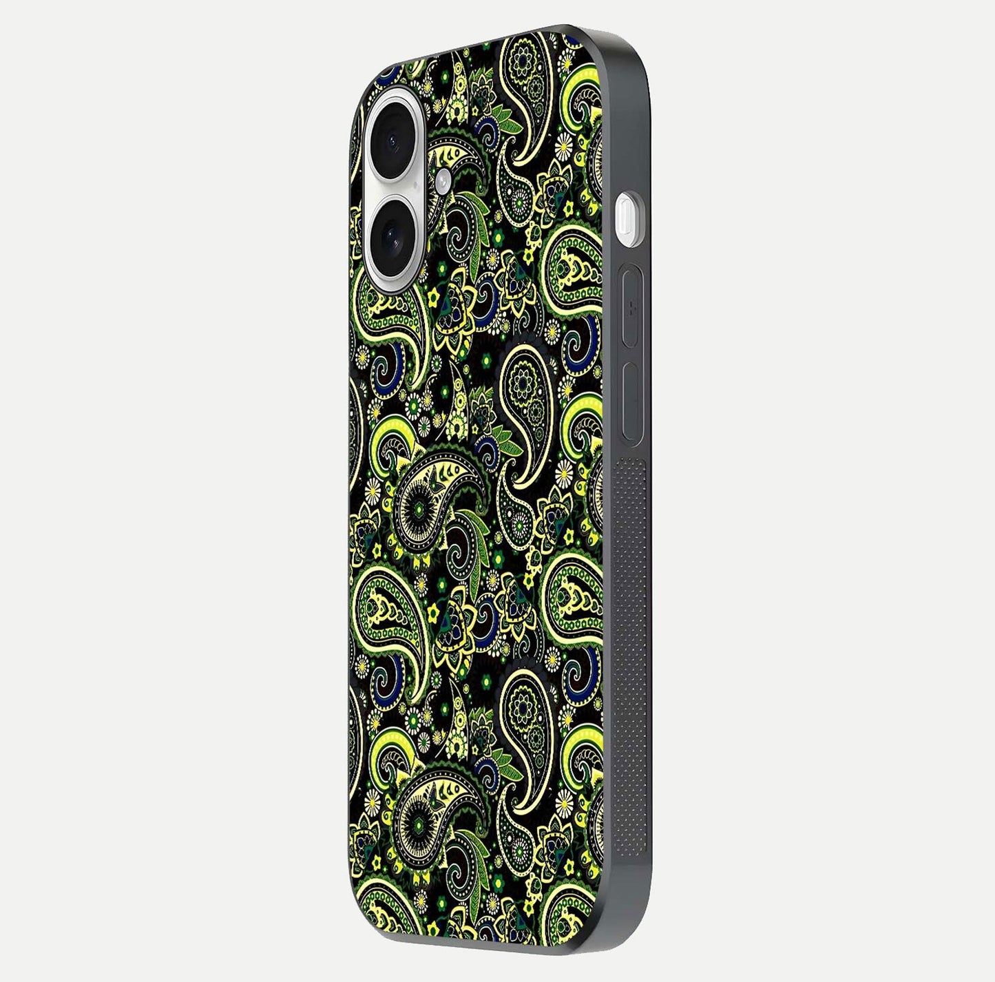 Green Mandala Pattern Glass Case for iPhone 17 side-angle image showing reflection clarity and detailed pattern lines