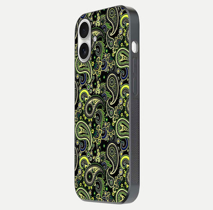 Green Mandala Pattern Glass Case for iPhone 17 side-angle image showing reflection clarity and detailed pattern lines