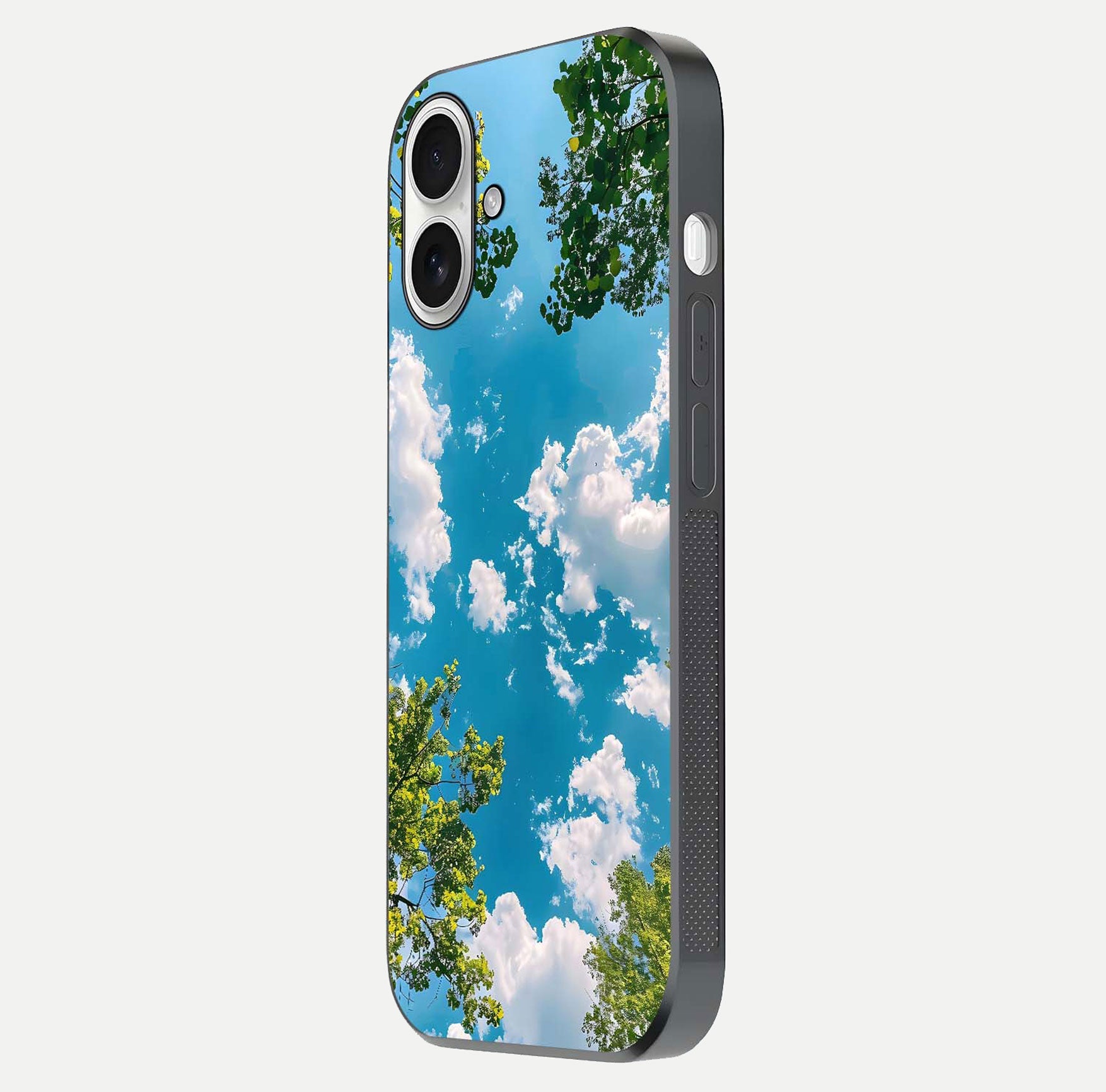 Greenery Sky Glass Case for iPhone 17 side-angle image showing reflection glow and nature-themed pattern