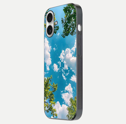 Greenery Sky Glass Case for iPhone 17 side-angle image showing reflection glow and nature-themed pattern