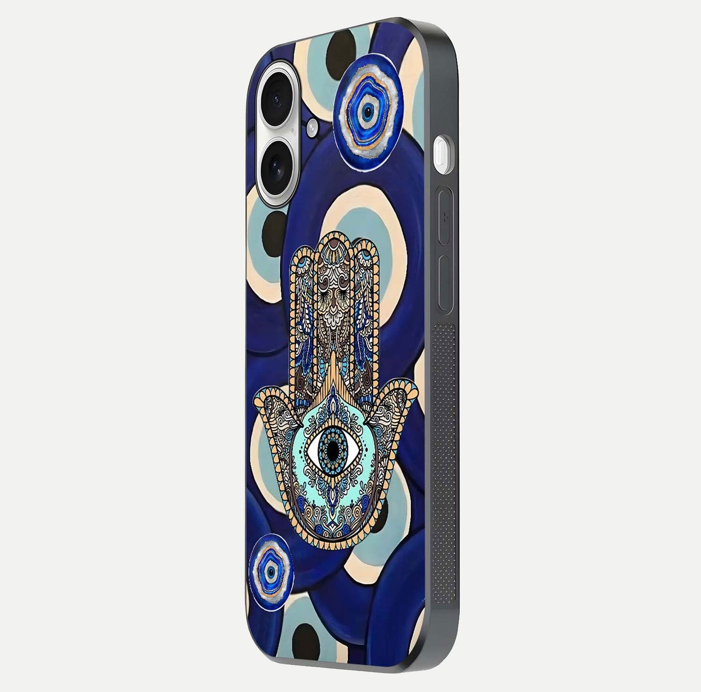 Hamsa Divine Guard Glass Case for iPhone 17 side-angle image showing reflection brilliance and protective design