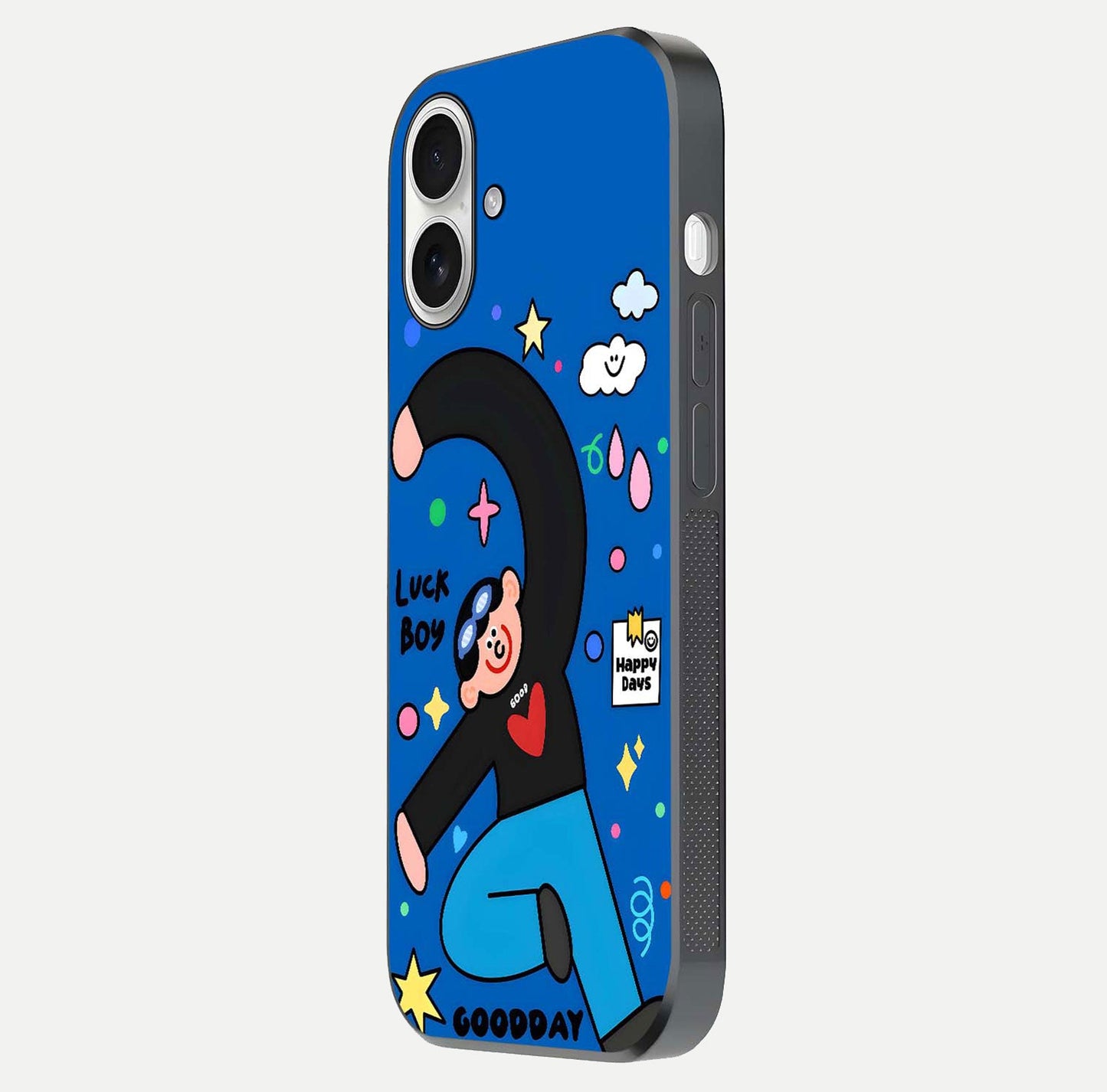 Happy Luck Vibe Glass Case for iPhone 17 side-angle image showing reflection polish and vivid charm design