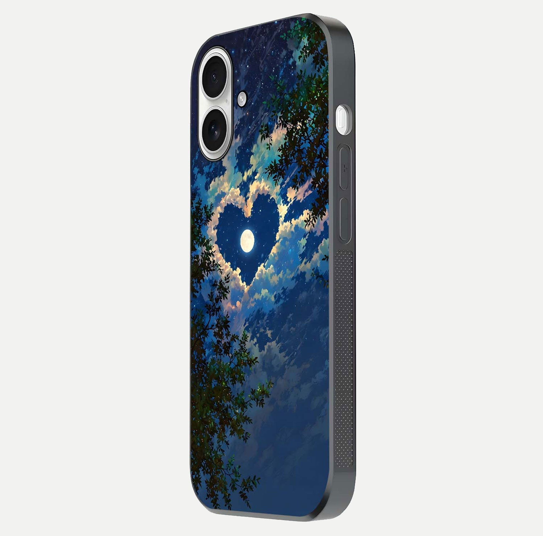 Heart with Moon Sky Glass Case for iPhone 17 side-angle image showing reflection brightness and soft tone finish