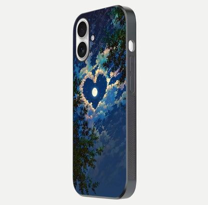 Heart with Moon Sky Glass Case for iPhone 17 side-angle image showing reflection brightness and soft tone finish