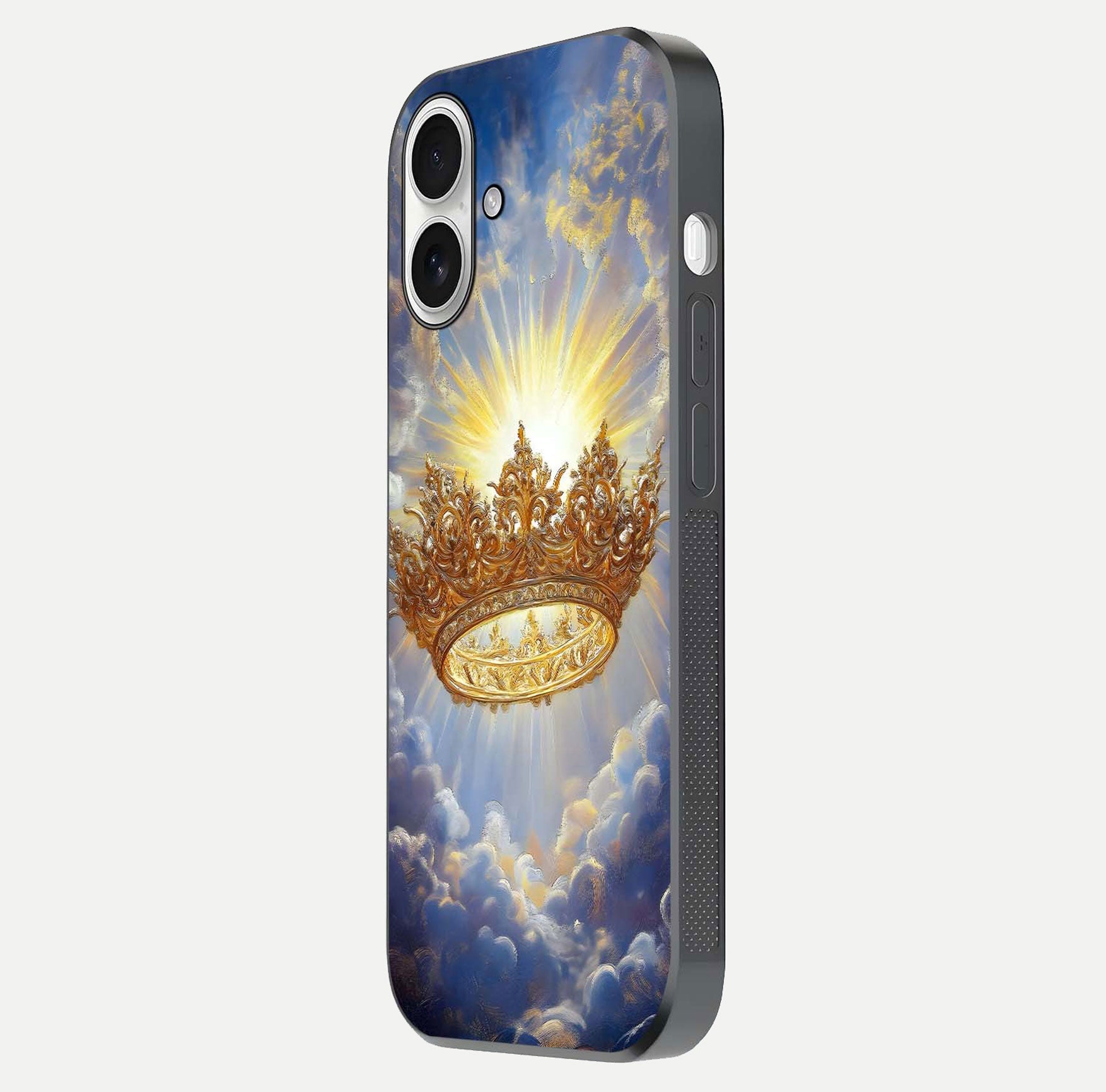 Heavenly Crown Light Glass Case for iPhone 17 side-angle image showing reflection brilliance and elegant divine art