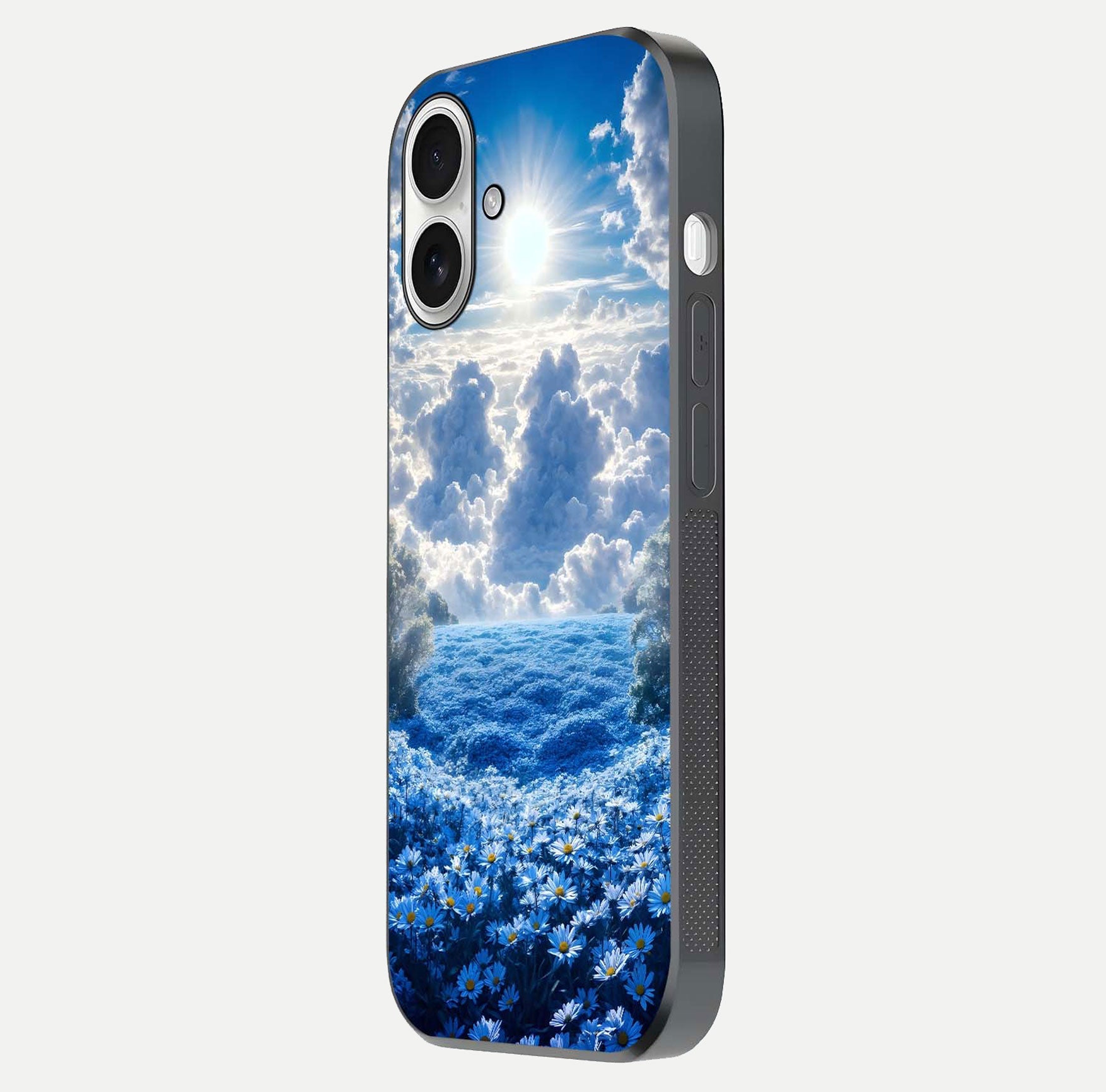 Heavenly Daisy Horizon Glass Case for iPhone 17 side-angle image showing reflection depth and floral glow