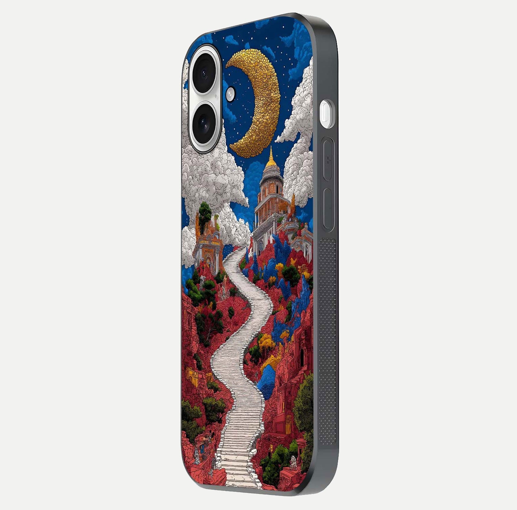 Heavenly Moon Path Glass Case for iPhone 17 side-angle image showing reflection clarity and serene moon glow